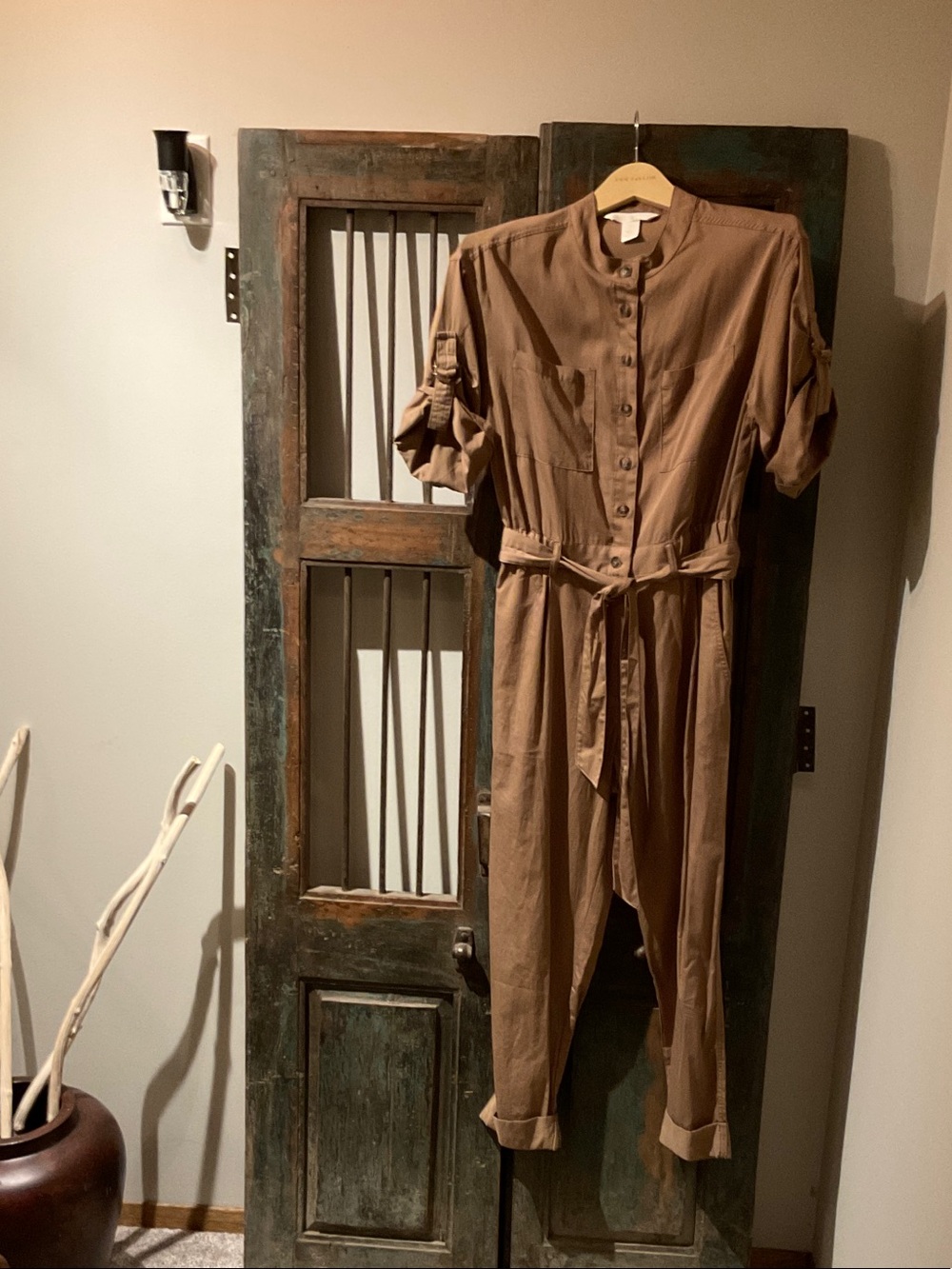 H&M Brown Button-Front Utility Jumpsuit with Self-Tie Waist